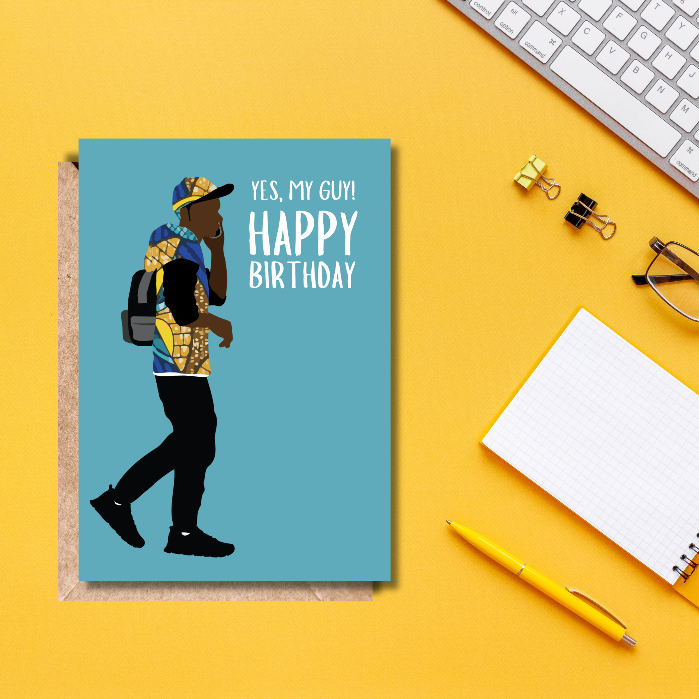 Greeting card Featuring a stylish young man in colorful prints and the message "Yes, my guy! Happy Birthday,"