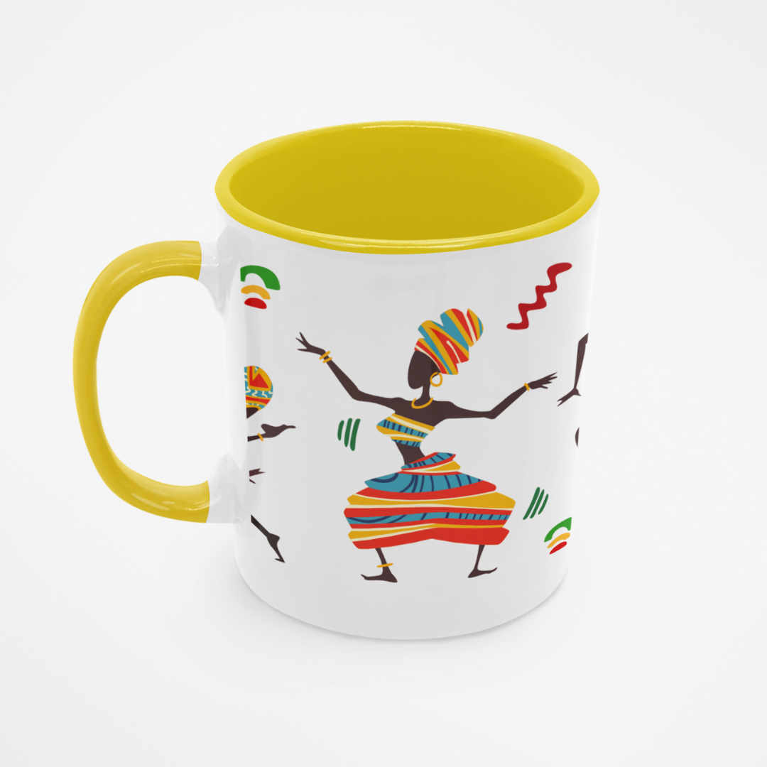 Mug with colorful African dancer design and yellow handle on a white background