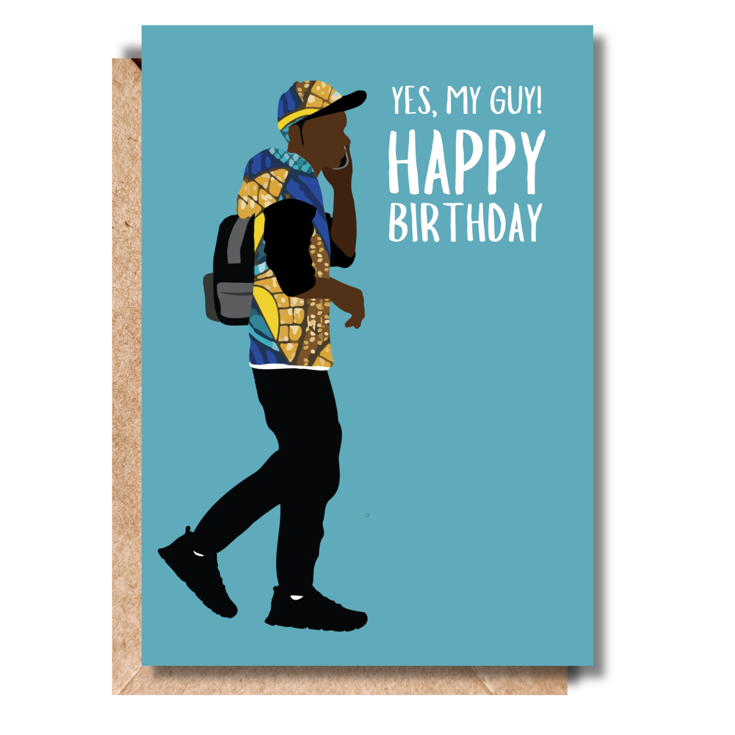 Greeting card Featuring a stylish young man in colorful prints and the message "Yes, my guy! Happy Birthday,"