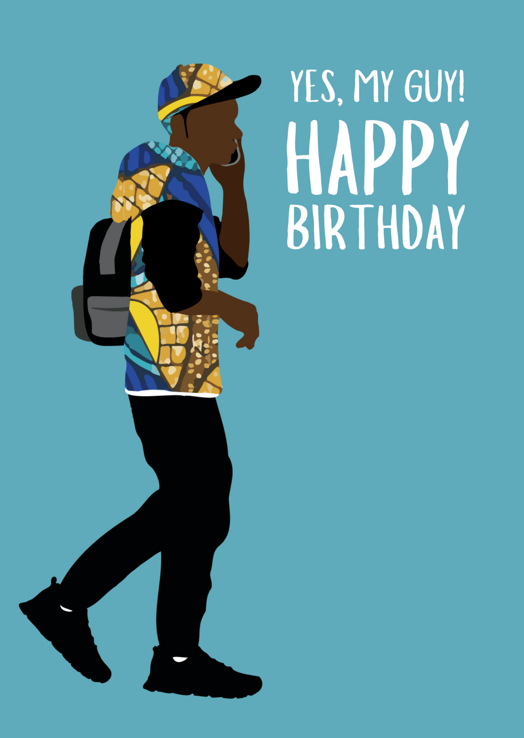 Greeting card Featuring a stylish young man in colorful prints and the message "Yes, my guy! Happy Birthday,"