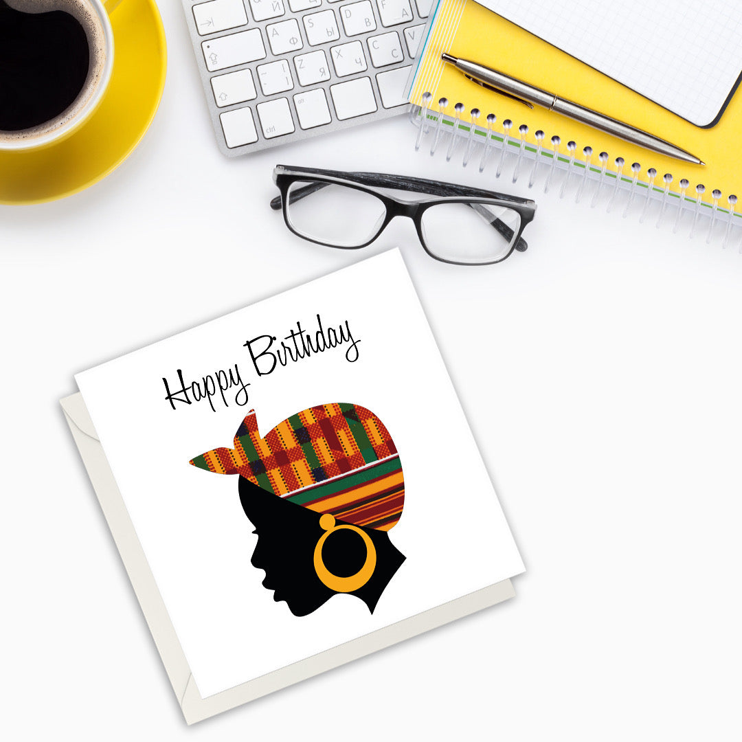 Ethnic Black African Birthday cards finished with African Wax Print fabric