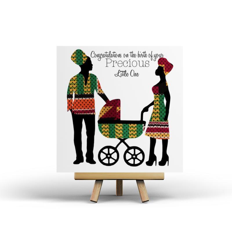 Ethnic Black African new baby cards finished with African Wax Print fabric