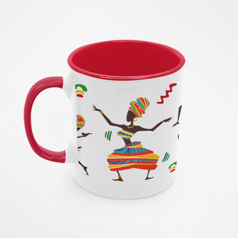 Mug with colorful African dancer design and red interior on a white background