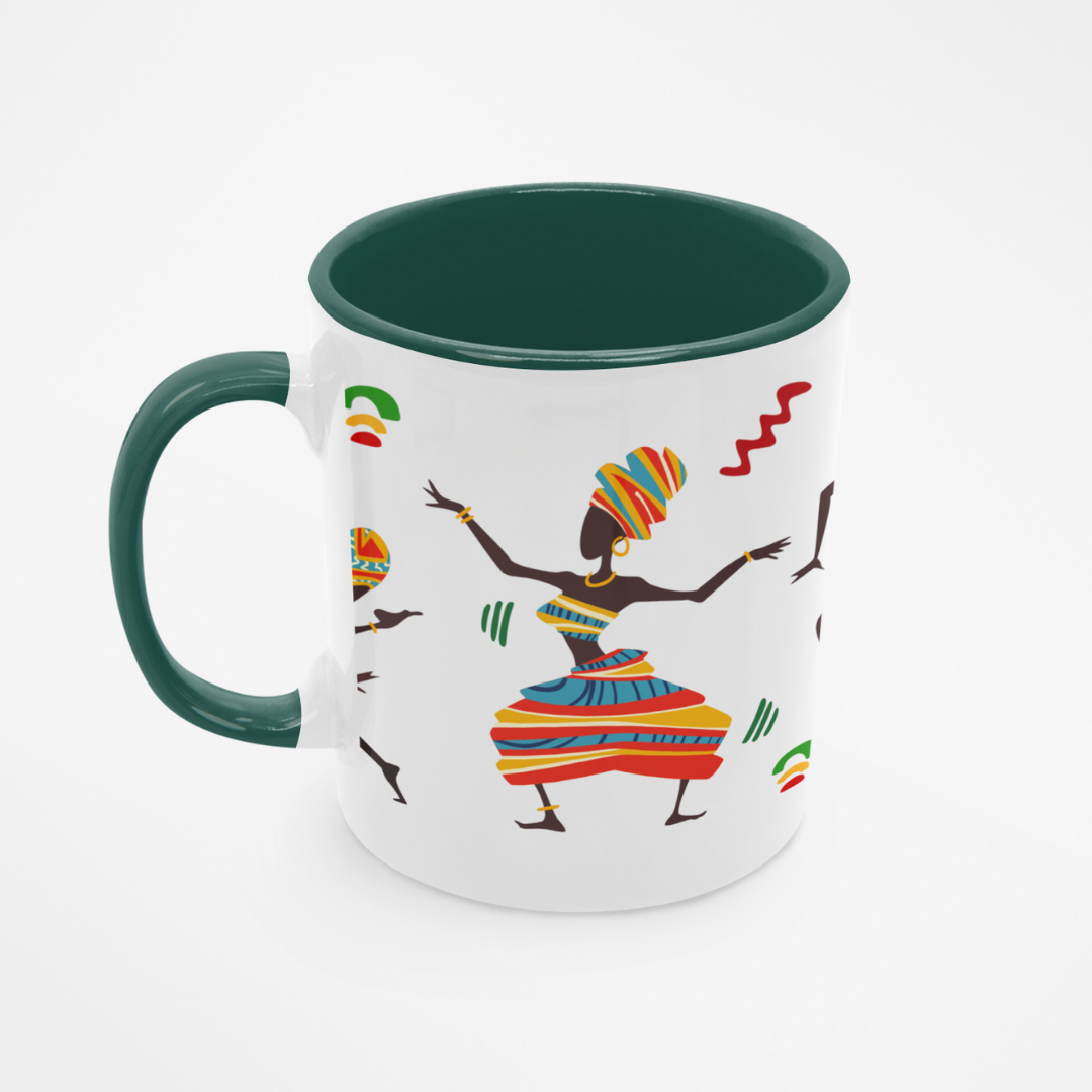 Mug with a colorful design of a dancer and patterns on a white background
