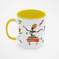 Mug with colorful African dancer design and yellow handle on a white background