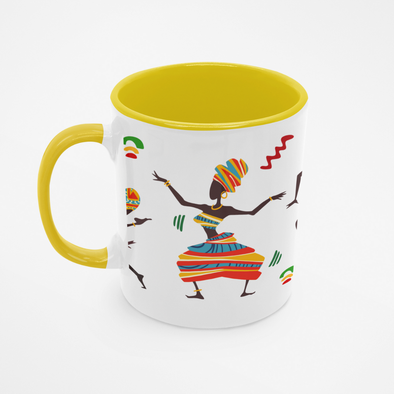 Mug with colorful African dancer design and yellow handle on a white background