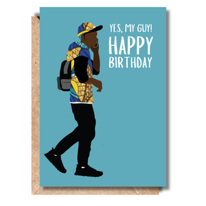 Greeting card Featuring a stylish young man in colorful prints and the message "Yes, my guy! Happy Birthday," 