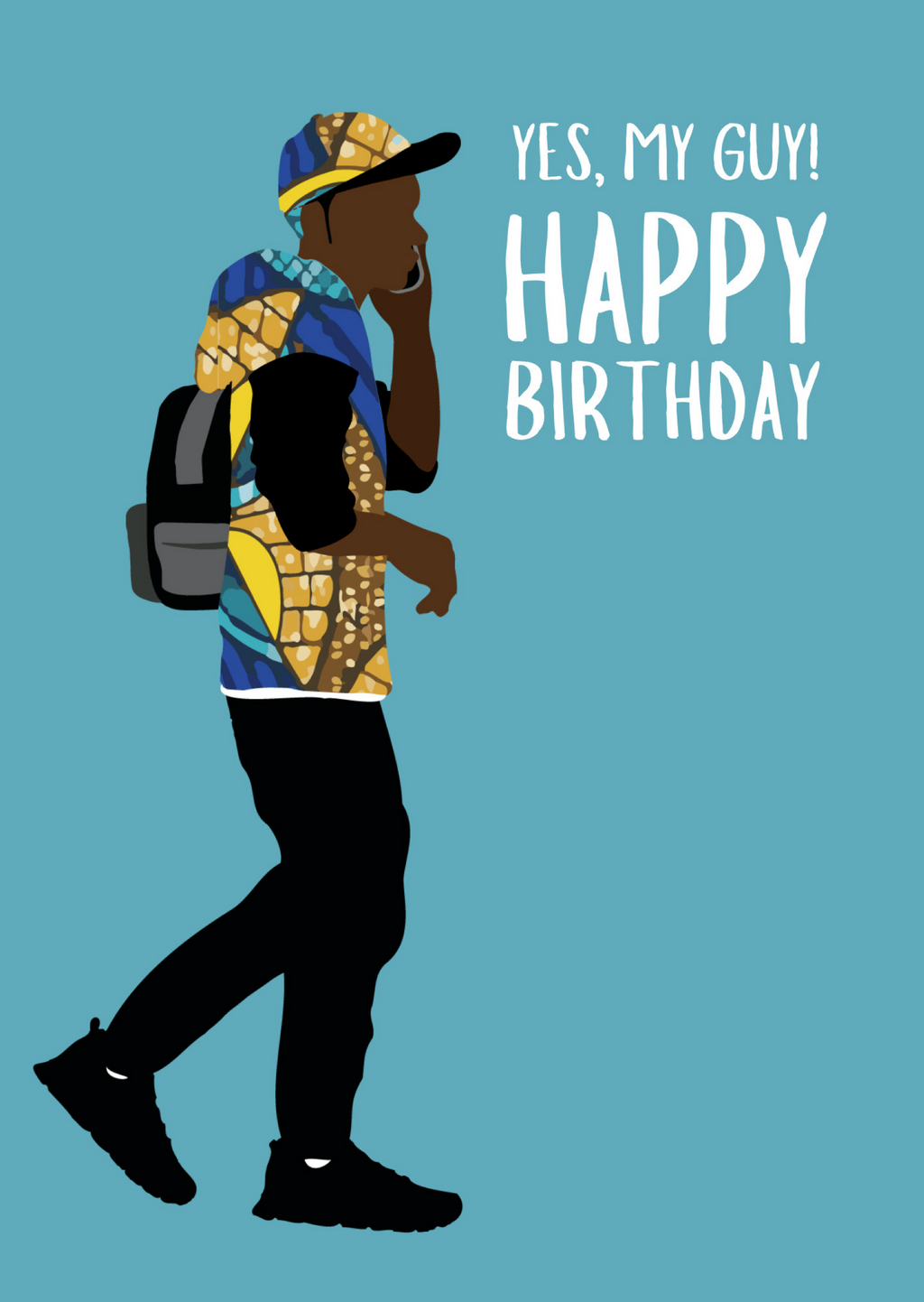 Greeting card Featuring a stylish young man in colorful prints and the message "Yes, my guy! Happy Birthday," 