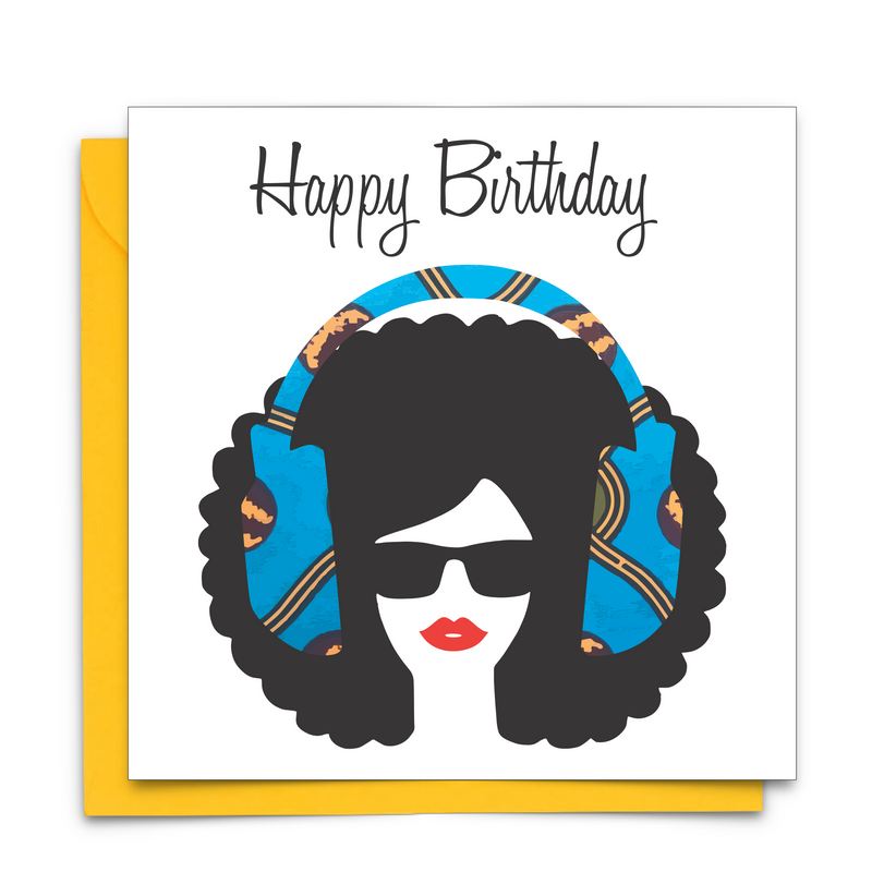 Ethnic Black African Birthday Cards with blue wax print headphones