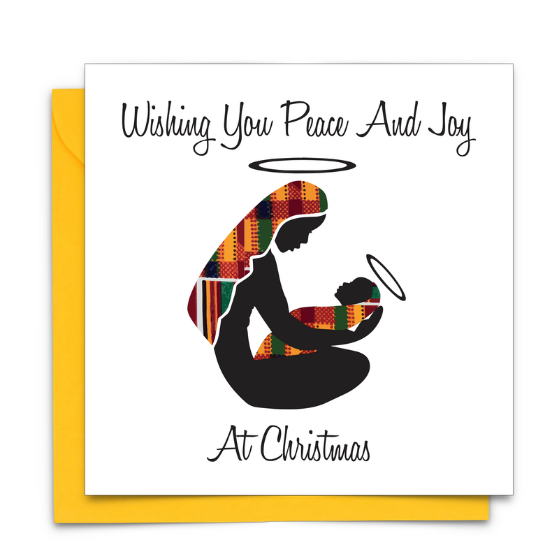 Diverse African Print Christmas Card with  Mary and baby Jesus