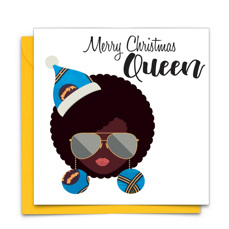 Diverse African Print Christmas Card with  black woman with sunglasses and Christmas hat