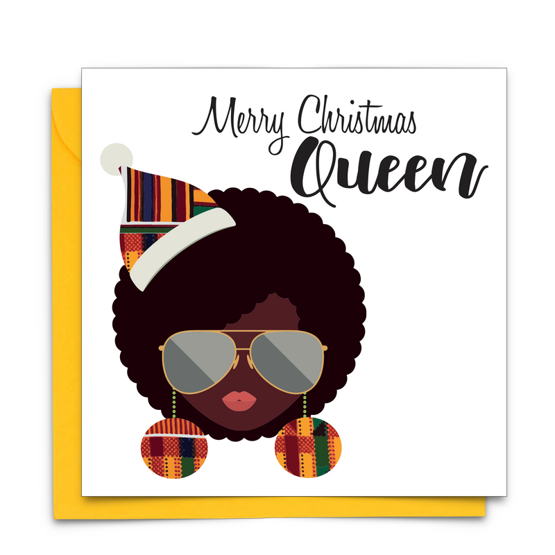 Diverse African Print Christmas Card with  black woman with sunglasses and Christmas hat