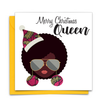 Diverse African Print Christmas Card with  black woman with sunglasses and Christmas hat