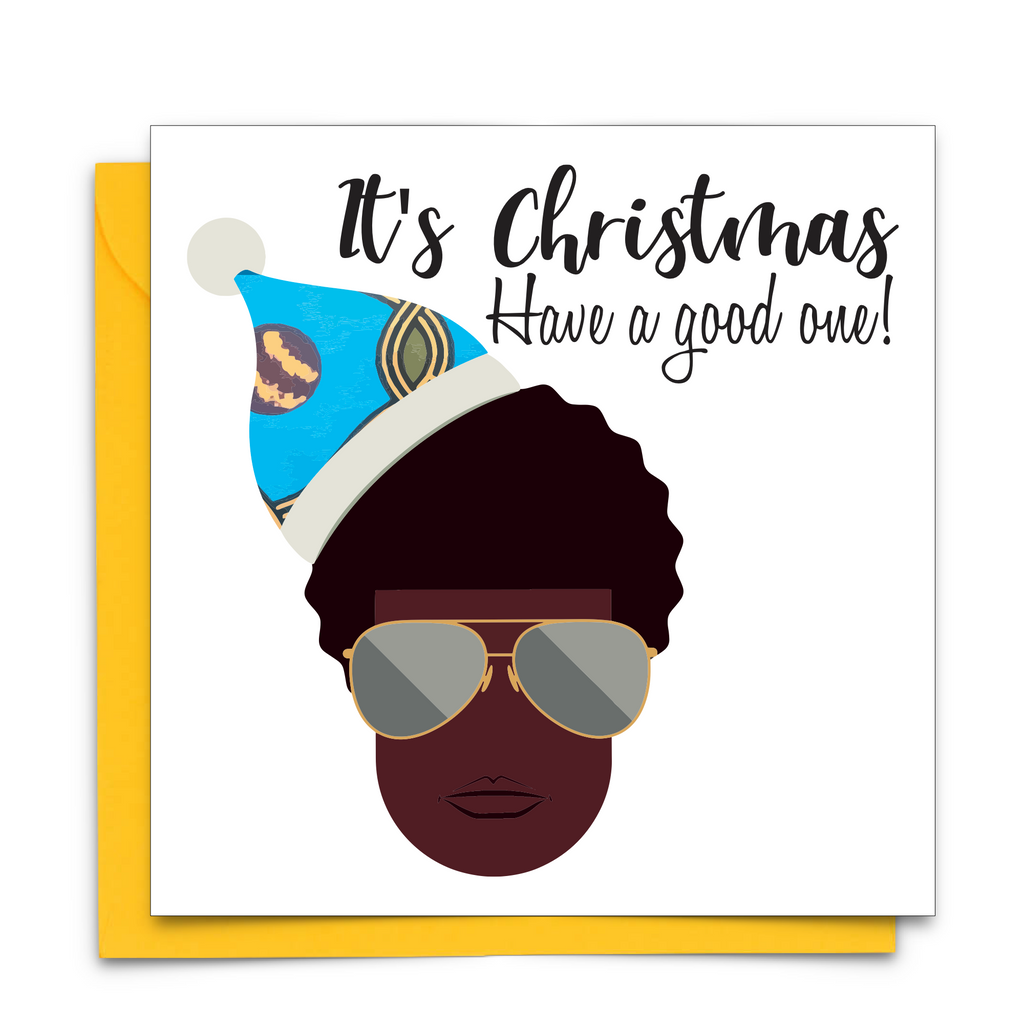 hristmas Card with  black man with sunglasses and Christmas hat