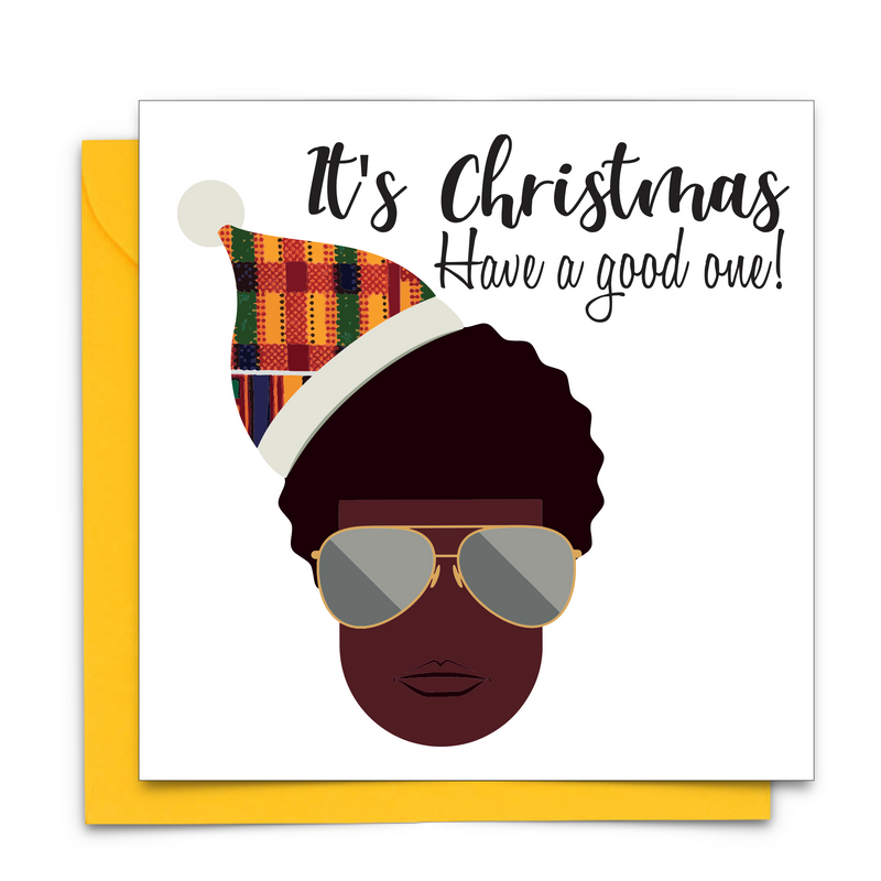 hristmas Card with  black man with sunglasses and Christmas hat