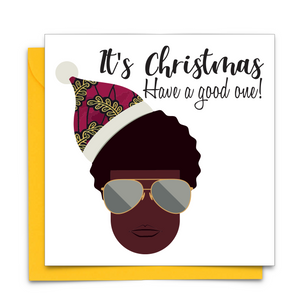Diverse African Print Christmas Card with  black man with sunglasses and Christmas hat